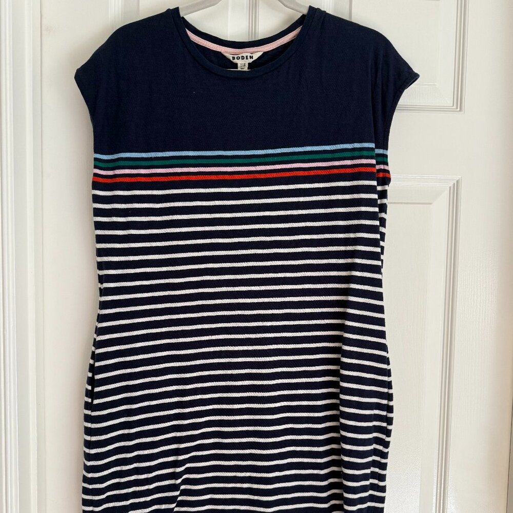 Boden Leah Jersey T-shirt Dress, Navy, Ivory Multistripe - Picture 2 of 3